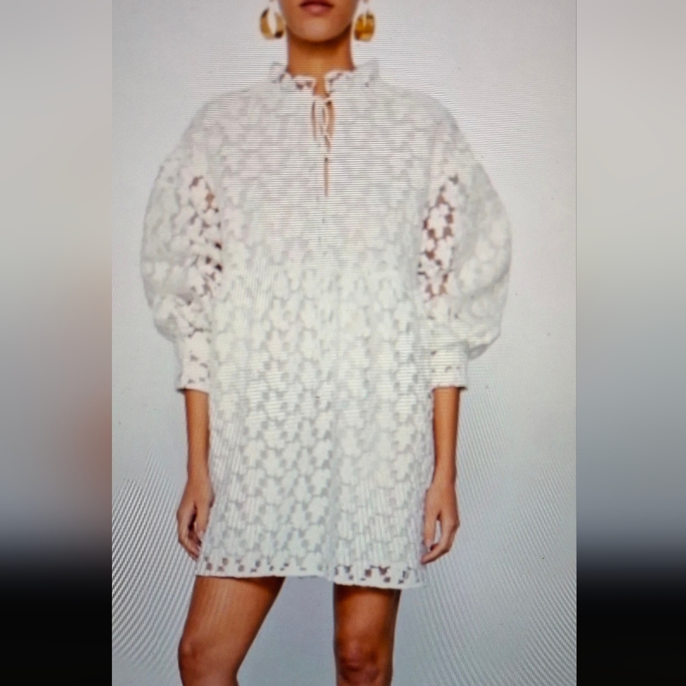 Zara White Floral Lace Puff-Sleeve Mini Dress
